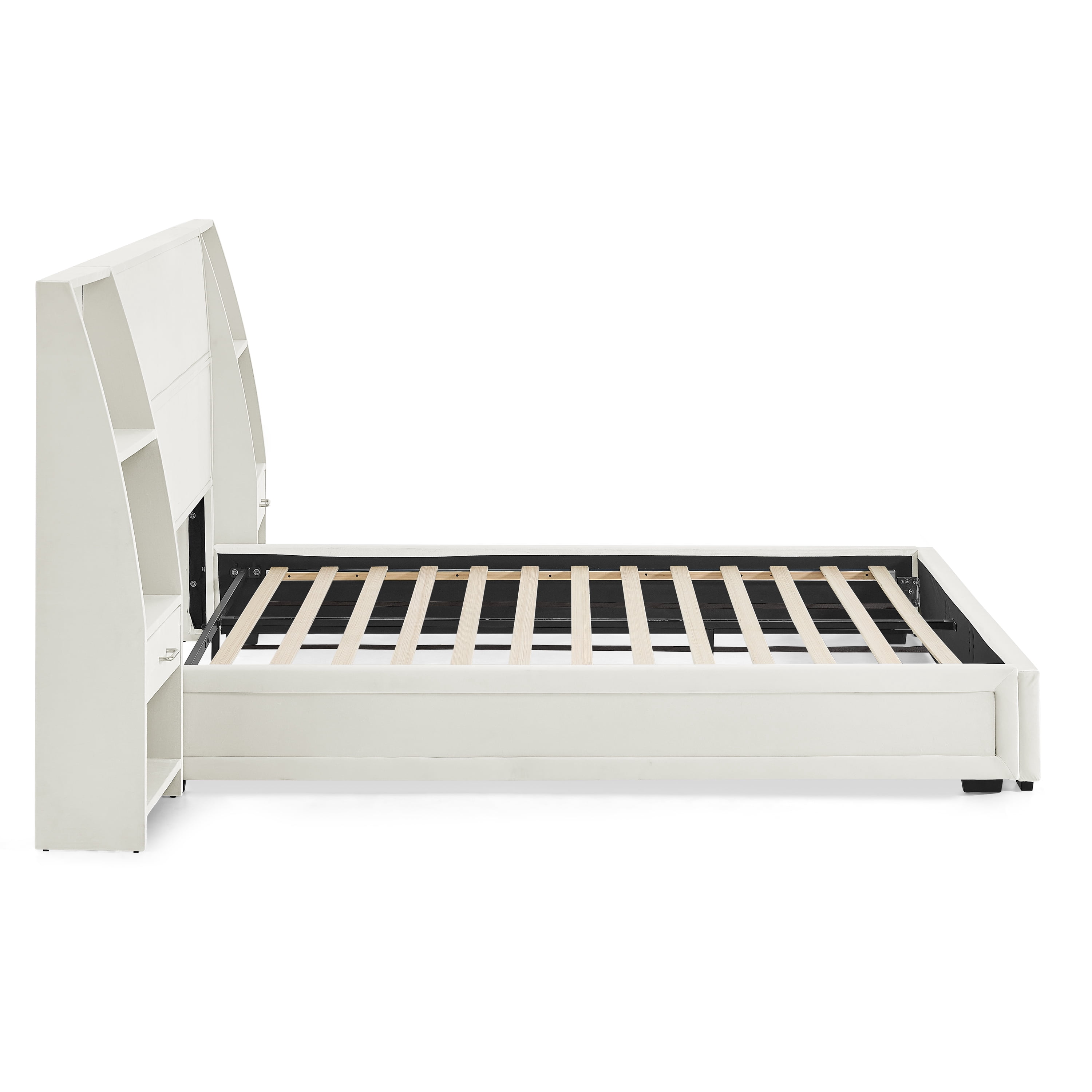 Howcool Queen Size Upholstered Platform Bed Frame with Storage Drawers,Glossy Velvet Headboard and Side Bookcases,Beige