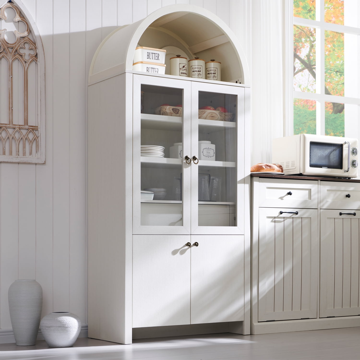 SinCiDo Arched Kitchen Pantry Storage Cabinet, 71" Tall Wood Storage Cabinet with 4 Doors and 6 Shelves for Dining Room Living Room