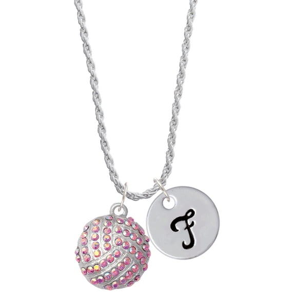 Delight Jewelry Silvertone Large Super Sparkle Crystal Pink AB Volleyball Silvertone Script Initial Disc - F - Charm Necklace, 20"+3"