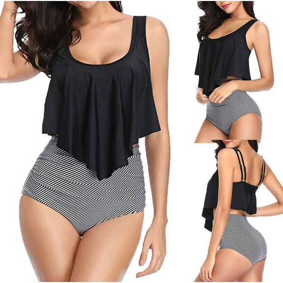 FRSASU High Waisted Tankini Swimsuits for Women Flounce Top Tummy Control Bathing Suits Black
