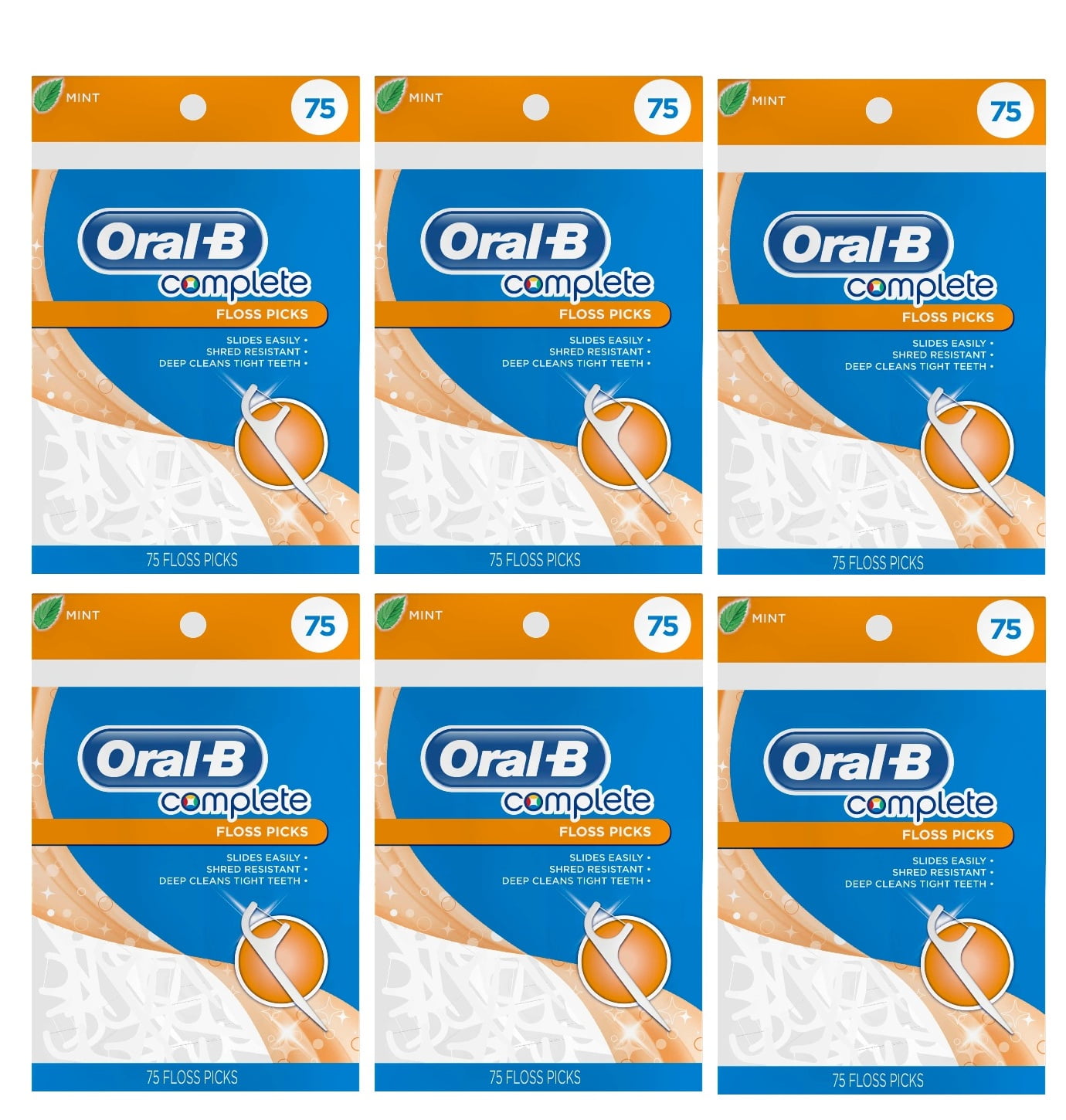 OralB Complete Dental Floss Picks, Mint, 75 Ct, 6 Pack