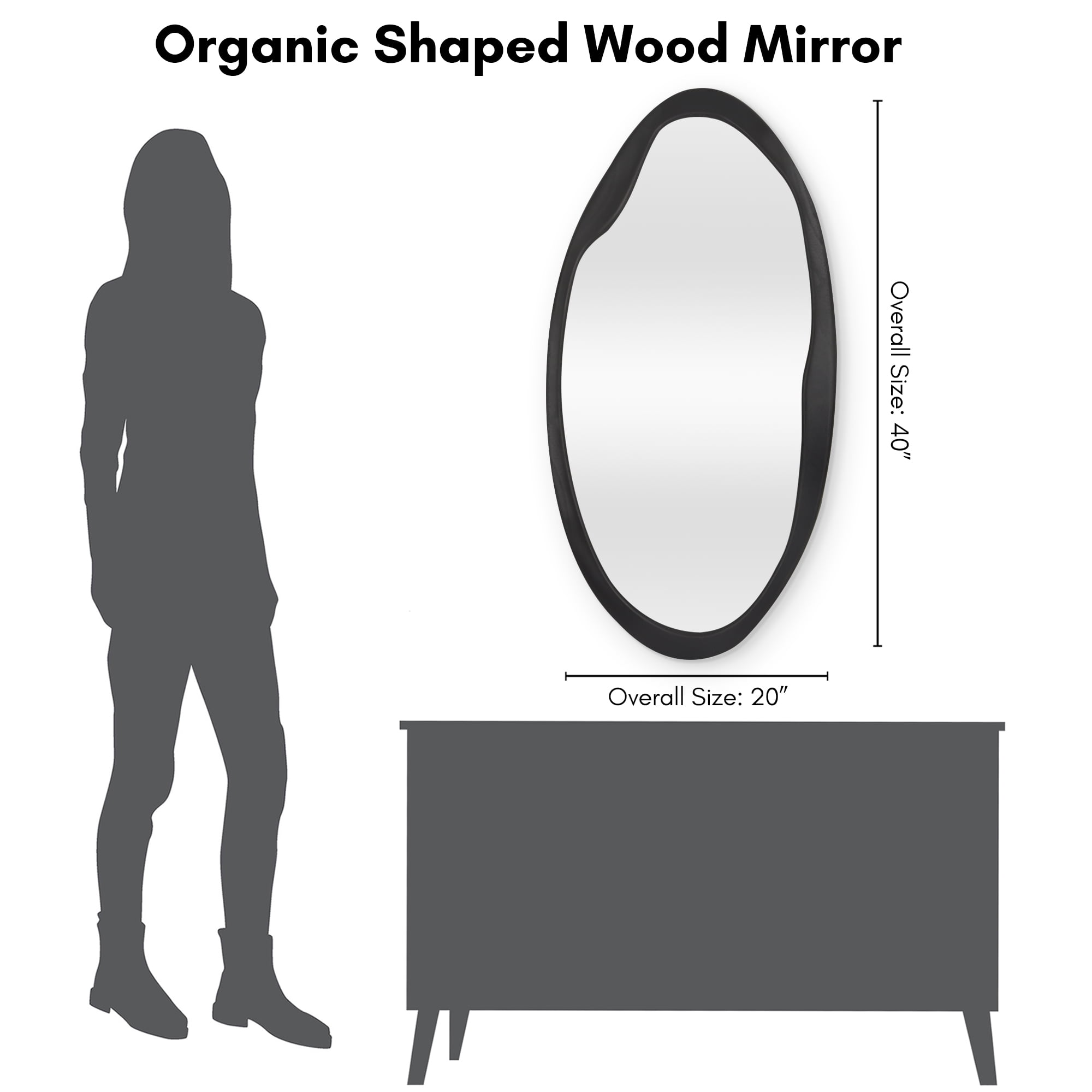 Americanflat 20x40 Organic Shaped Wood Mirror in Black Sycamore - Oval Wall Mirror for Bathroom, Living Room, Entryway Hall, and Decorative Mirror for Bedroom