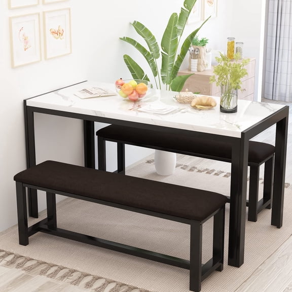 AWQM Dining Table Set for 4, Faux Marble Kitchen Table Set with 2 PU Leather Benches, Breakfast Nook Set for Small Spaces, 3 Piece Farmhouse Dining Room Table Set, White