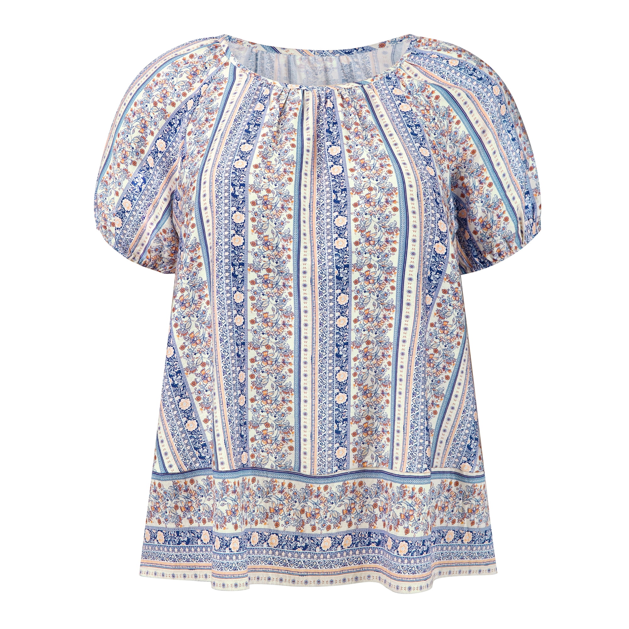 DARING DIVA Women's Plus Boho Floral Round Neck Puff Sleeve Blouse 4X Royal Blue