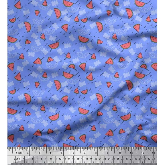 Soimoi Blue Silk Fabric Zig Zag,Insect & Watermelon Fruits Printed Fabric 1 Yard 42 Inch Wide