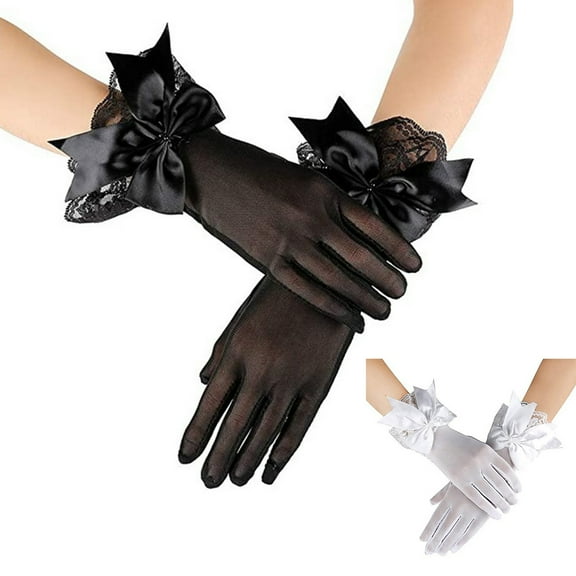 HEVIRGO 1 Pair Bridal Wedding Dress Gloves Bowknot Decor Mesh Lace Splicing Cuffs Performance Gloves Marriage Party Accessories