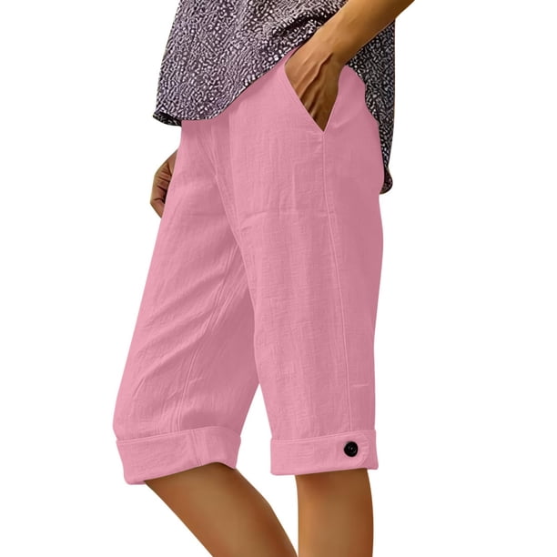 Pantalones de Ajuste Seco de las Mujeres Botón de Color Sólido Laminado Borde Pantalones de Lino, Trajes Del Cuerpo para los Pantalones de las Mujeres Capris de Cinco Puntos con Tela Elástica Transpi