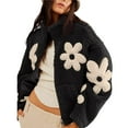 thumbnail image 2 of Womens Floral Print Fleece Jackets Winter Zipper Cropped Coat Casual Long Sleeve Outwear with Pockets Black XXL, 2 of 10
