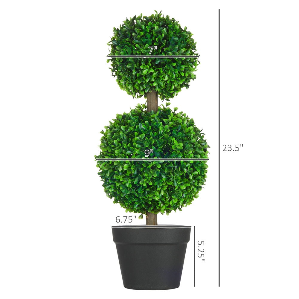 Kadyn 2 Pcs 23.5" Artificial Boxwood Ball Topiary Tree Set of 2 Fake Plants in Pot with Double Ball-Shaped Leaves Green