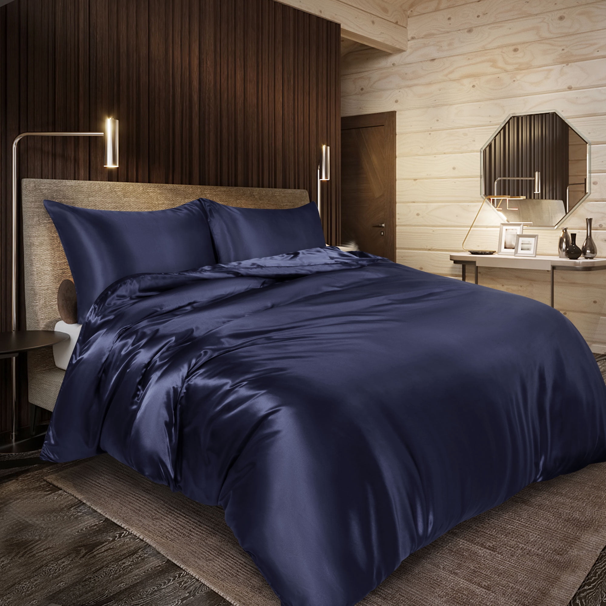 Unique Bargains Satin Duvet Cover Set of 3 with 2 Pillowcase Queen Navy