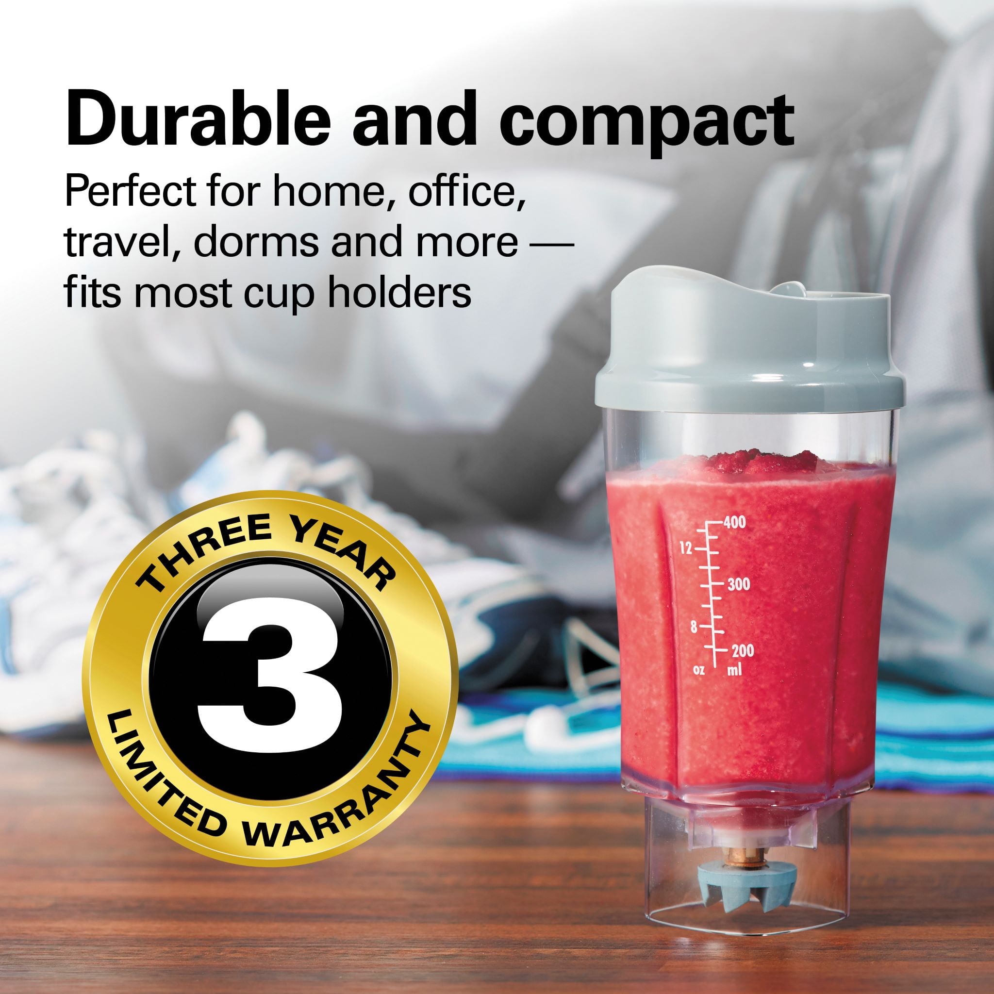 Hamilton Beach Single Serve Personal Smoothie Blender with 14 Oz. Travel  Cup and Lid Gray Model