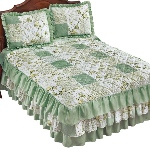 Collections Etc Hadley Triple Ruffle Floral Pattern Quilted Bedspread Sage Queen