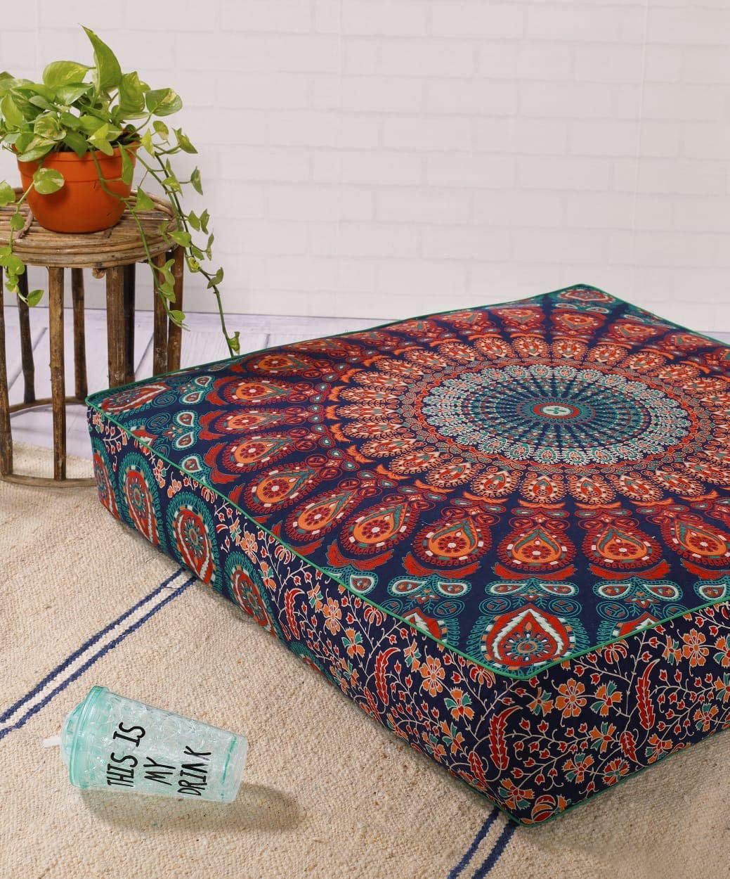 THE ART BOX Indian Hippie Ombre Mandala Floor Pillow Cover Square Ottoman Pouf Cover Daybed Oversized Cotton Cushion Cover with Heavy Duty Zipper Seating