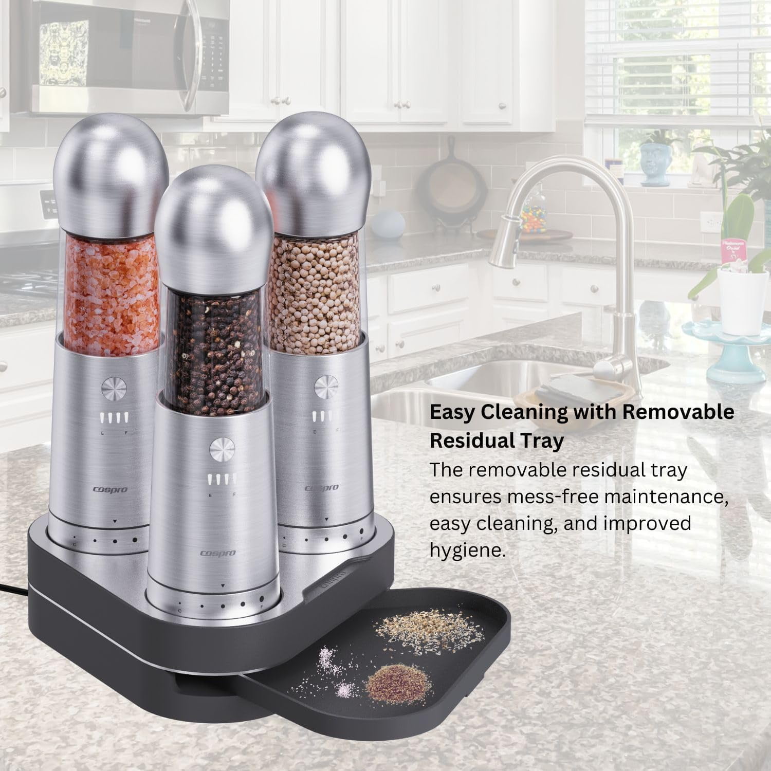 Electric Salt and Pepper Grinder, Set of 3 with Wireless Charging Base, Stainless Steel, Rechargeable Automatic Pepper Mill, Adjustable Coarseness, Easy to Use & Clean, Perfect Kitchen Gift