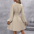 thumbnail image 4 of WTOBBY Women's Fashionable Solid Color V-Neck Long Sleeve Pleated Versatile Dress Lantern Sleeve Detail for Unique Style Flowy Pleats for Movement Wardrobe Essential,Khaki S, 4 of 8