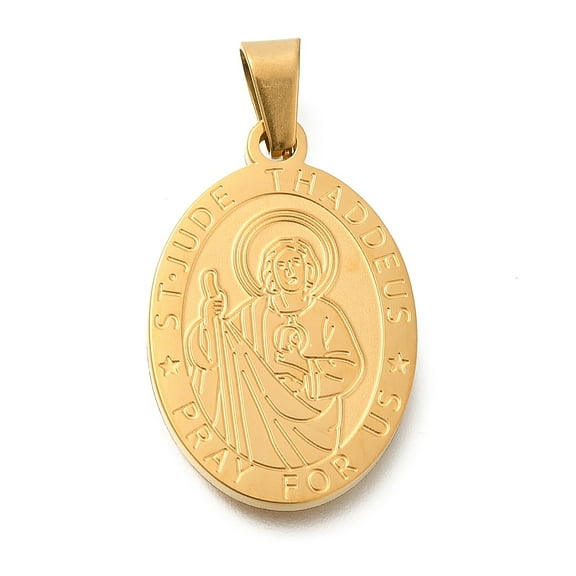 3pcs 304 Stainless Steel Pendants Oval with St. Jude Charm Religion golden 27x18x2mm Hole: 6x3mm