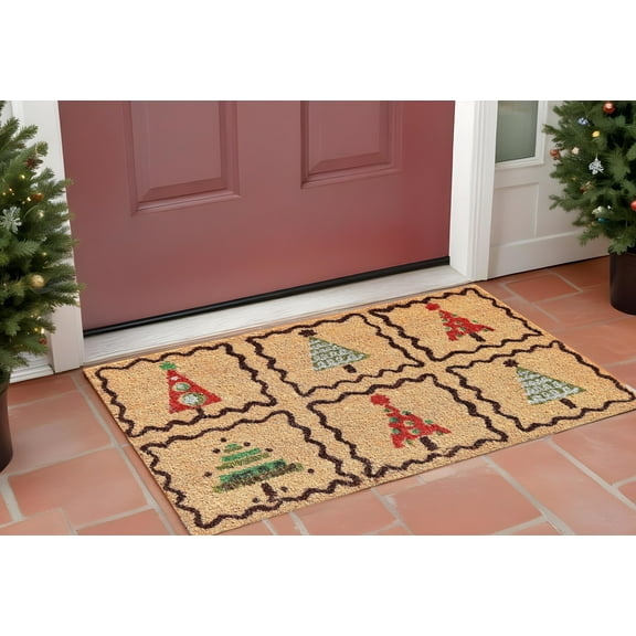 17" X 29" Natural Red and Black Coir Christmas Trees Outdoor Christmas Door Mat