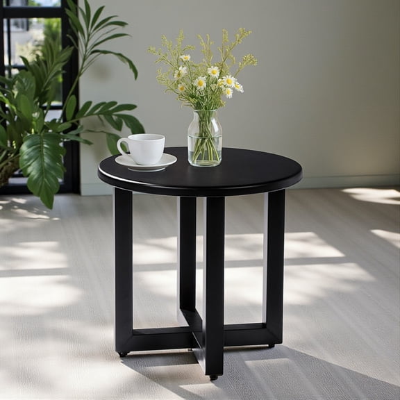 Tcbosik 18-Inch Round Side Table, Black Powder-Coated Metal Accent Table with Cross Base and Adjustable Feet for Indoor & Outdoor Use, Compact End Table for Patio and Living Room