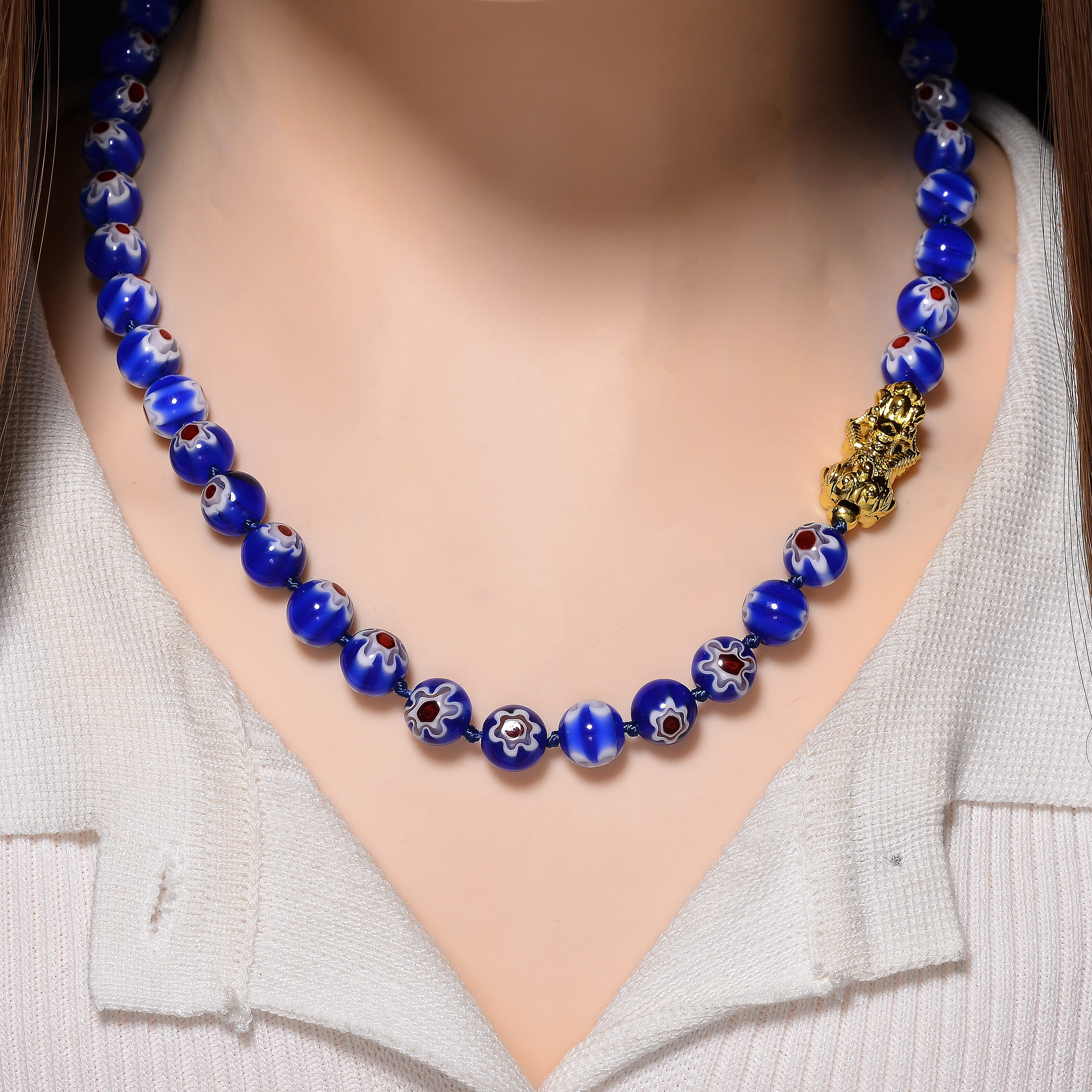 Blue Color Murano Style Beaded Necklace with Pixiu Charm in Goldtone 20 Inches