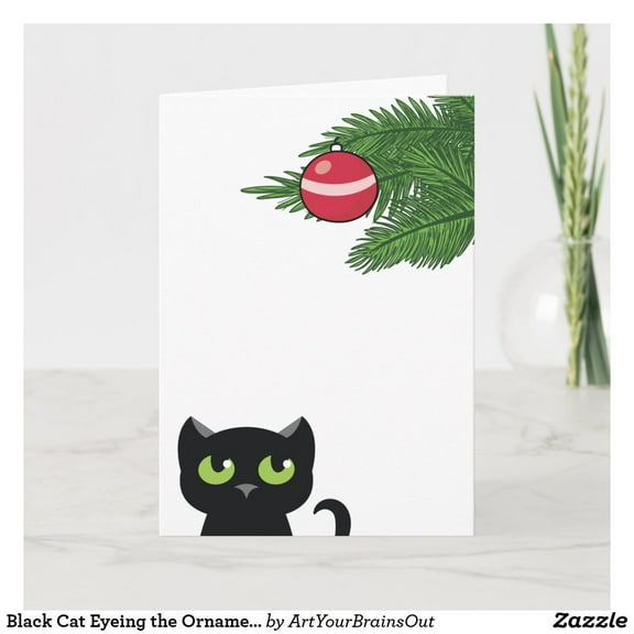 Funny Black Cat Christmas Card – "Eyeing the Ornament" Design – Envelope Included, Blank Inside – Perfect Holiday Greeting Card for Cat Lovers