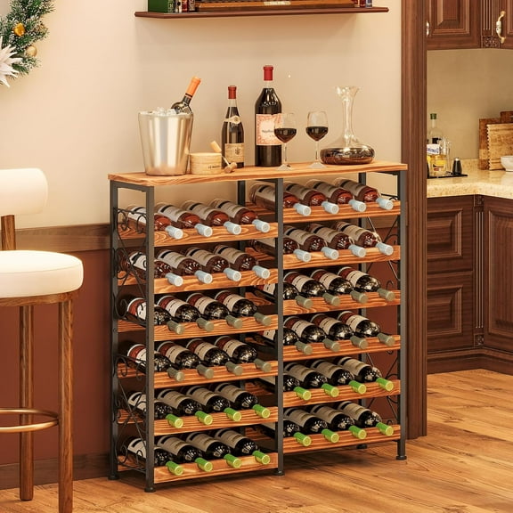 Wine Rack with Wooden Top, 48 Bottles Wine Rack Free Standing Floor Wine Storage Shelf Wine Holder Wine Display for Kitchen, Bar, Dining Room, Living Room, Rustic