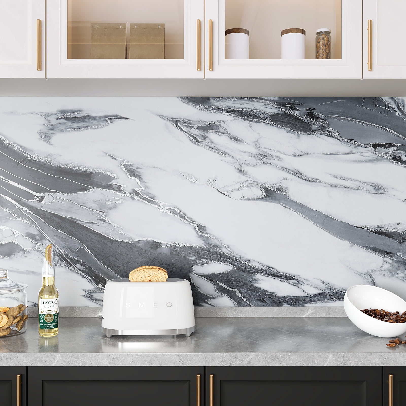 VEELIKE 15.7"x118" Black and White Marble Contact Paper for Countertops Waterproof Kitchen Countertop Peel and Stick Vinyl Wallpaper Self Adhesive Removable Matte Marble Wallpaper for Kitchen Bathroom