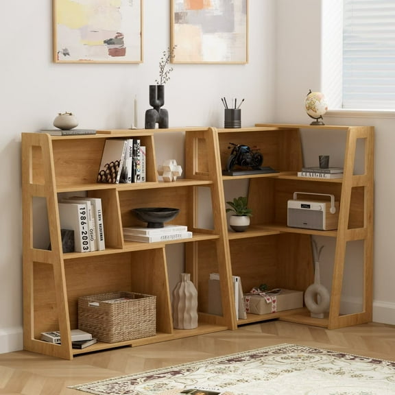 EYYTHUNG Extendable Bookshelves Set of 2, 3 Tier Wood Bookcases Storage Book Shelves Adjustable Organizer for Corner, Natural Oak