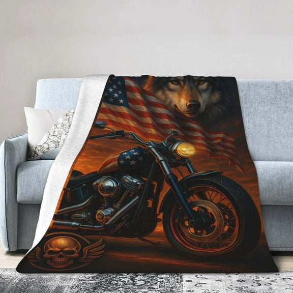 Eagle & American Flag Motorcycle Plush Flannel Throw Blanket - Soft, Warm, Comfy, Lightweight, Anti-Pilling, Fuzzy Cover for Couch, Bed, Travel - Unisex Design 80x60
