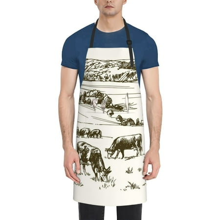 

Xecao Cows Grazing On The Meadow 1 Print Kitchen Cooking Aprons Waterproof Adjustable Bib Aprons with 2 Pockets for Women Men Chef
