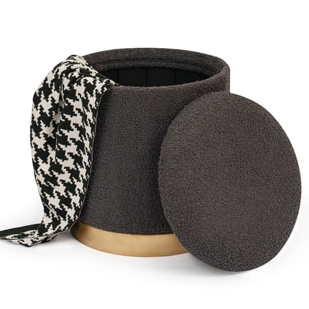 PINPLUS Round Storage Ottoman with Tray Gold Edge Stool Leg Folding Foot Rest for Living Room Dark Grey,Sherpa Fabric