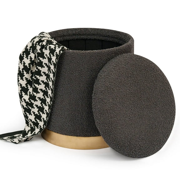 PINPLUS Round Storage Ottoman with Tray Gold Edge Stool Leg Folding Foot Rest for Living Room Dark Grey,Sherpa Fabric