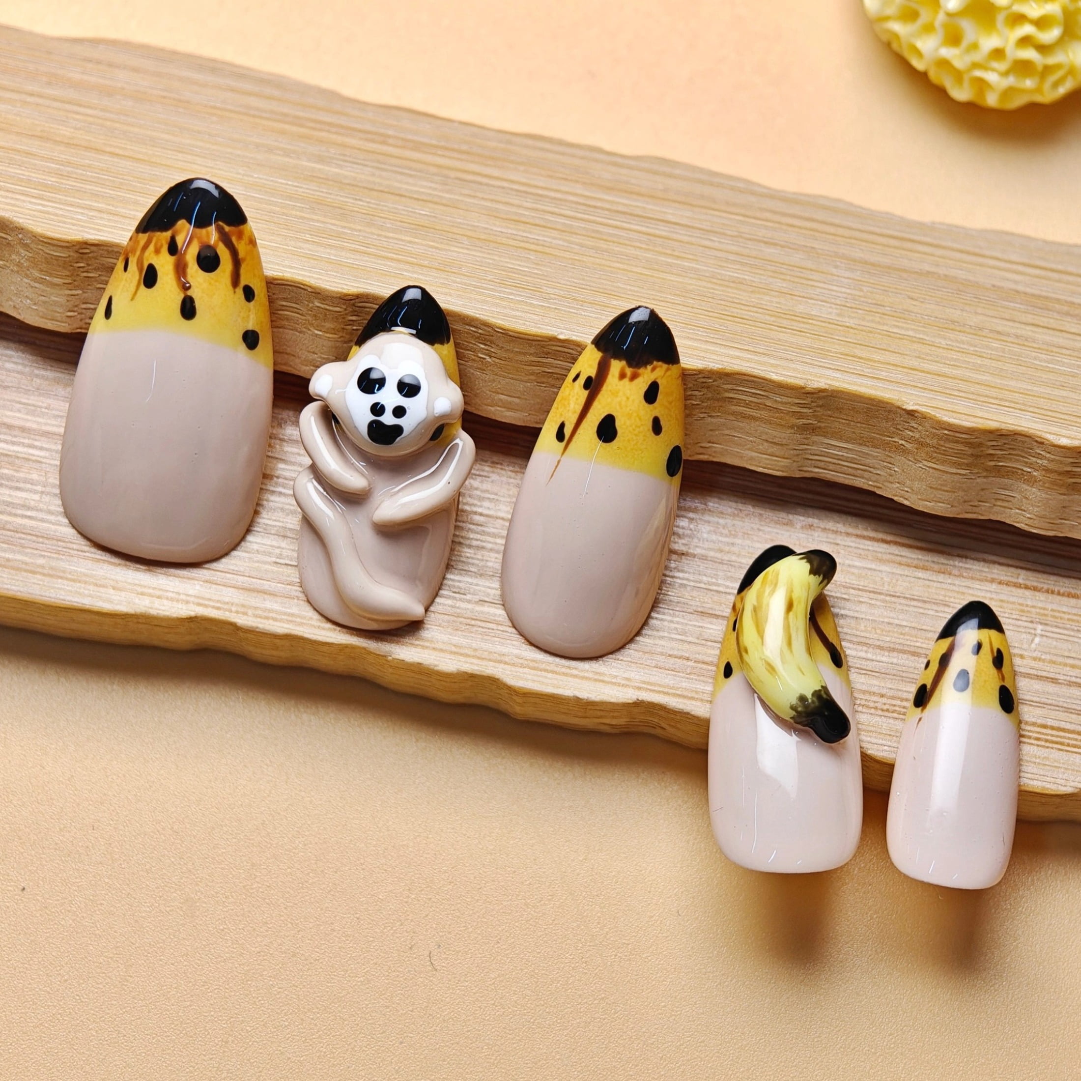 10pcs Almond Medium Handmade Y2K Cute Monkey Nails – Nude Base with Yellow Block & Black Spots, 3D Monkey & Banana Designs, Press On Nails Handmade for Women & Girls