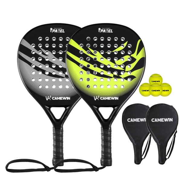 CAMEWIN 2 Palas de Pádel con Fundas, 2 Raquetas y 4 Pelotas,Kit de Raquetas para Pádel Fabricadas 100% Fibra de Carbono y Núcleo de Espuma Flexible de Memoria EVA, para Principiantes e Intermedios