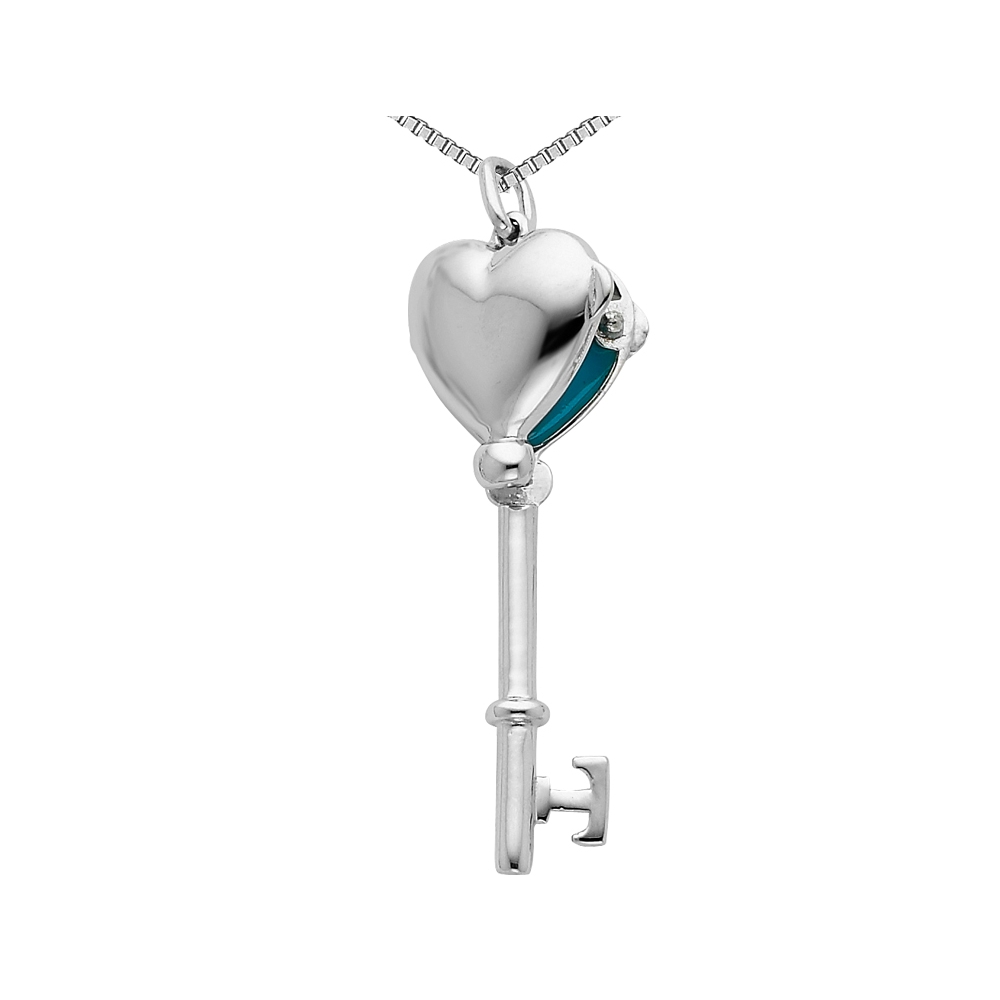 Heart Locket Key Pendant Necklace in Sterling Silver with Chain