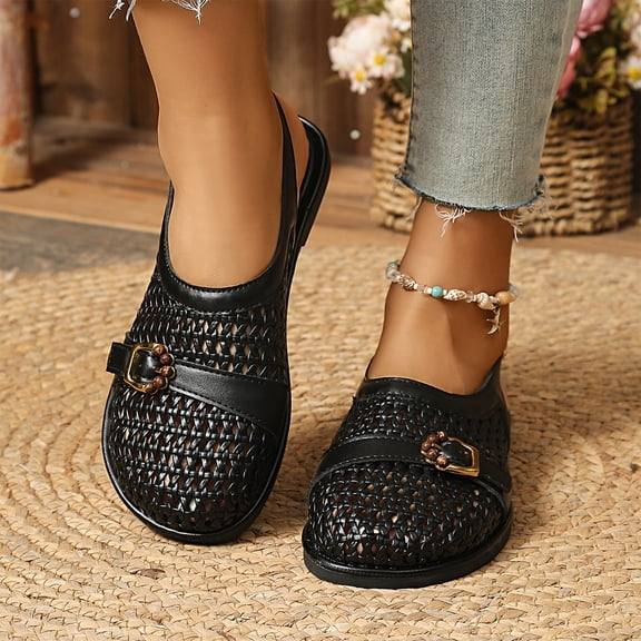 IEMIEMIEM Flats for Women Mesh Mary Jane Slides Comfortable Breathable Non Slip Slip on Closed Rounded Toe Flat Sandals Summer Beach Slippers Black 7.5 Wide