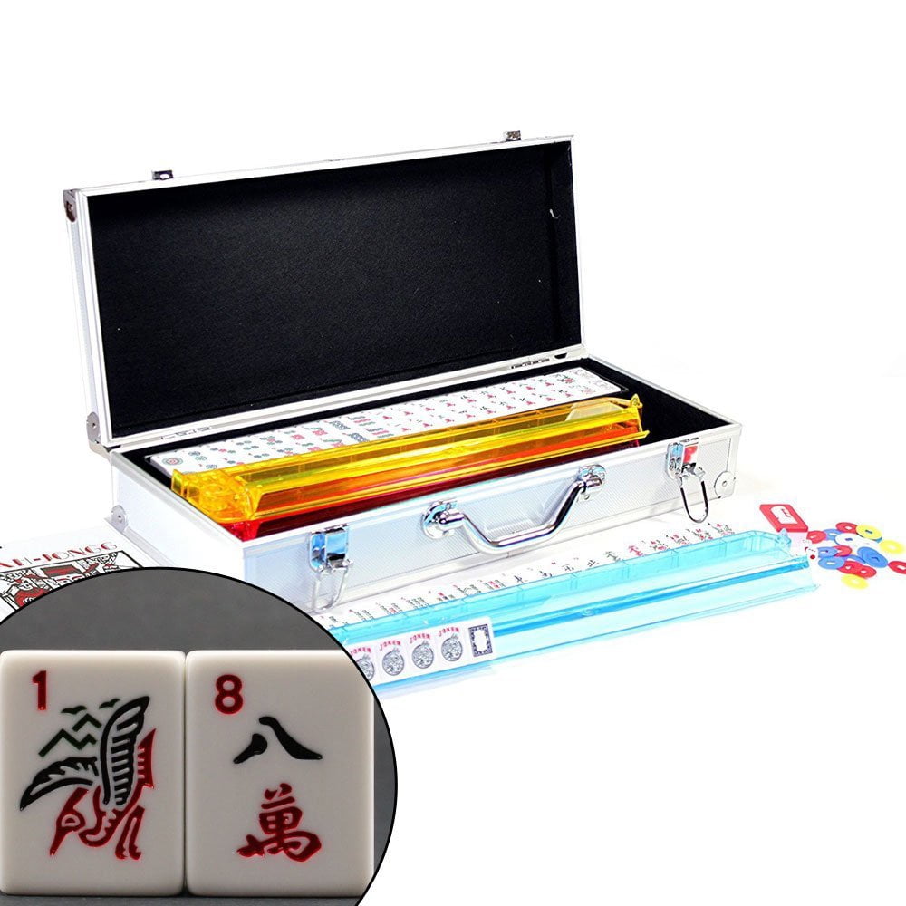 American Mahjong Full 166 Set Mah Jong Tiles Pushers Gold Metal Case 