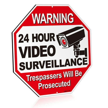 ANLEY 24 Hour Video Surveillance Aluminum Warning Sign, Trespassers Will Be Prosecuted - No Trespassing Security Alert - UV Protected and Weatherproof - 12