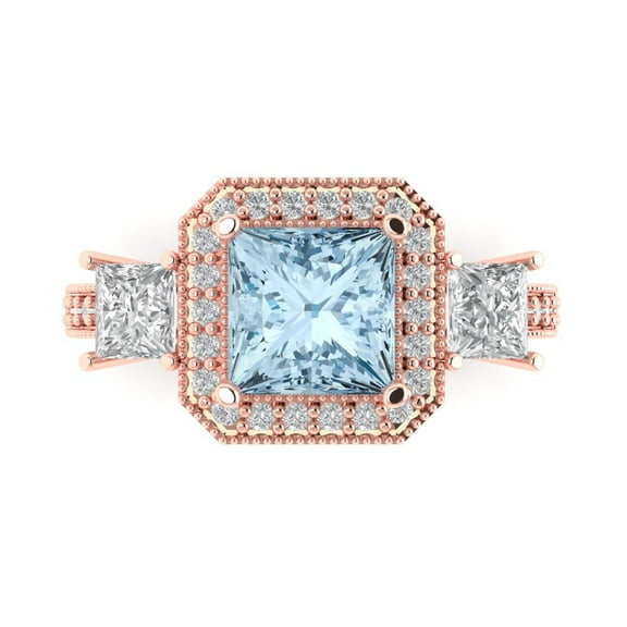 3.005 ct Princess Cut Natural Swiss Blue Topaz 3 Stone 14K Rose Gold Womens Engagement Ring