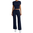thumbnail image 2 of LEKWK Workout Sets for Women 2 Piece Short Sleeve Crewneck Crop Tops and Tummy Control Straight Leg Pants Summer Yoga Gym Athletic Running Casual Outfits, 2 of 6
