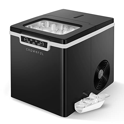 CROWNFUL Máquina para hacer hielo, 9 cubitos de hielo listos en 8 – 10 minutos, cubitos de hielo de bala de 25 libras en 24 horas, máquina de hielo eléctrica con cuchara y cesta, color negro