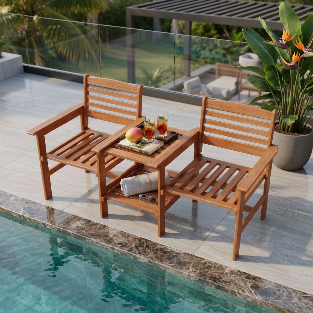 Hommoo Wood 2-Person Outdoor Patio Conversation Set with Coffee Table & Umbrella Hole, Rustic Backyard Seating for Deck, Poolside, or Garden, Natural