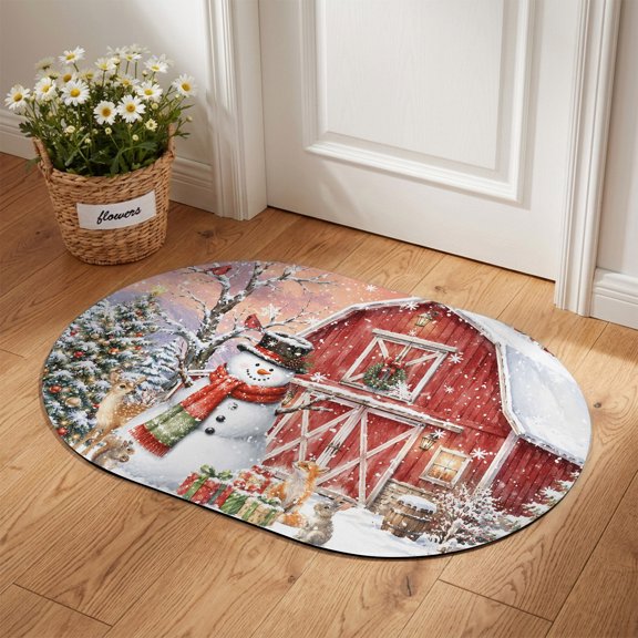 Christmas Tree Snowman Diatomaceous Earth Bath Mat, Cottagecore Winter Red Barnhouse Oval Non-Slip Quick Dry Door Mat Super Absorbent Bath Rug for Bathroom Kitchen Laundry 16x24in