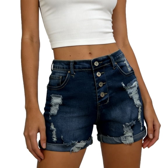 Jean Shorts for Women Summer Stretch Skinny Denim Shorts Button Streetwear Cuffed Bermuda Shorts with Pockets,Blue,XL