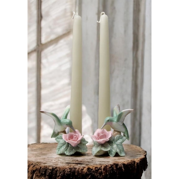 Ceramic Hummingbird Candle Holder Set of 2 3.5in Rose Flower Vintage Decor Gift