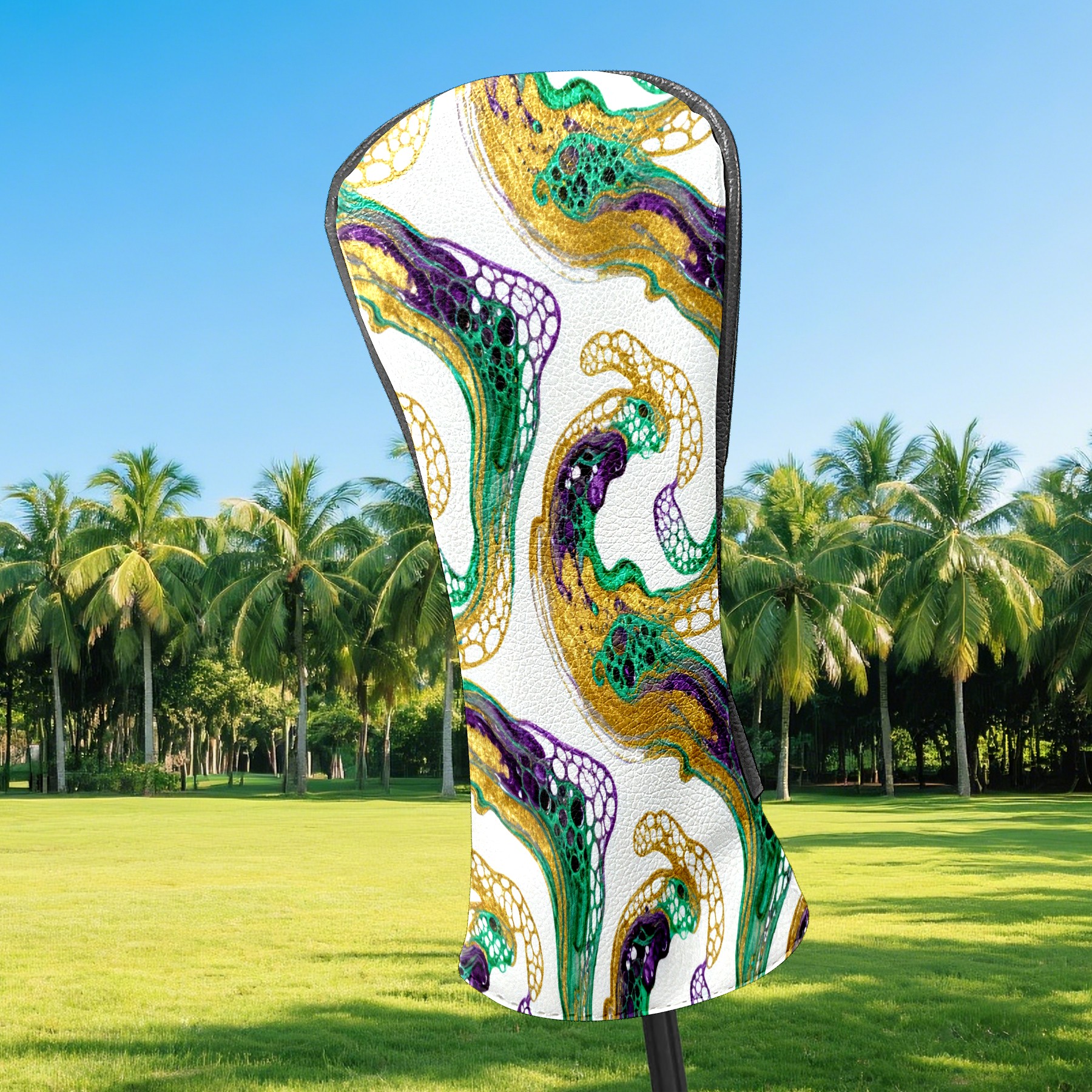 Golf Club Covers, Green GoldSwirl Premium PU Leather Driver Hybrid Putter Head Covers with Velvet Lining, Waterproof Golf Gifts for Men Women