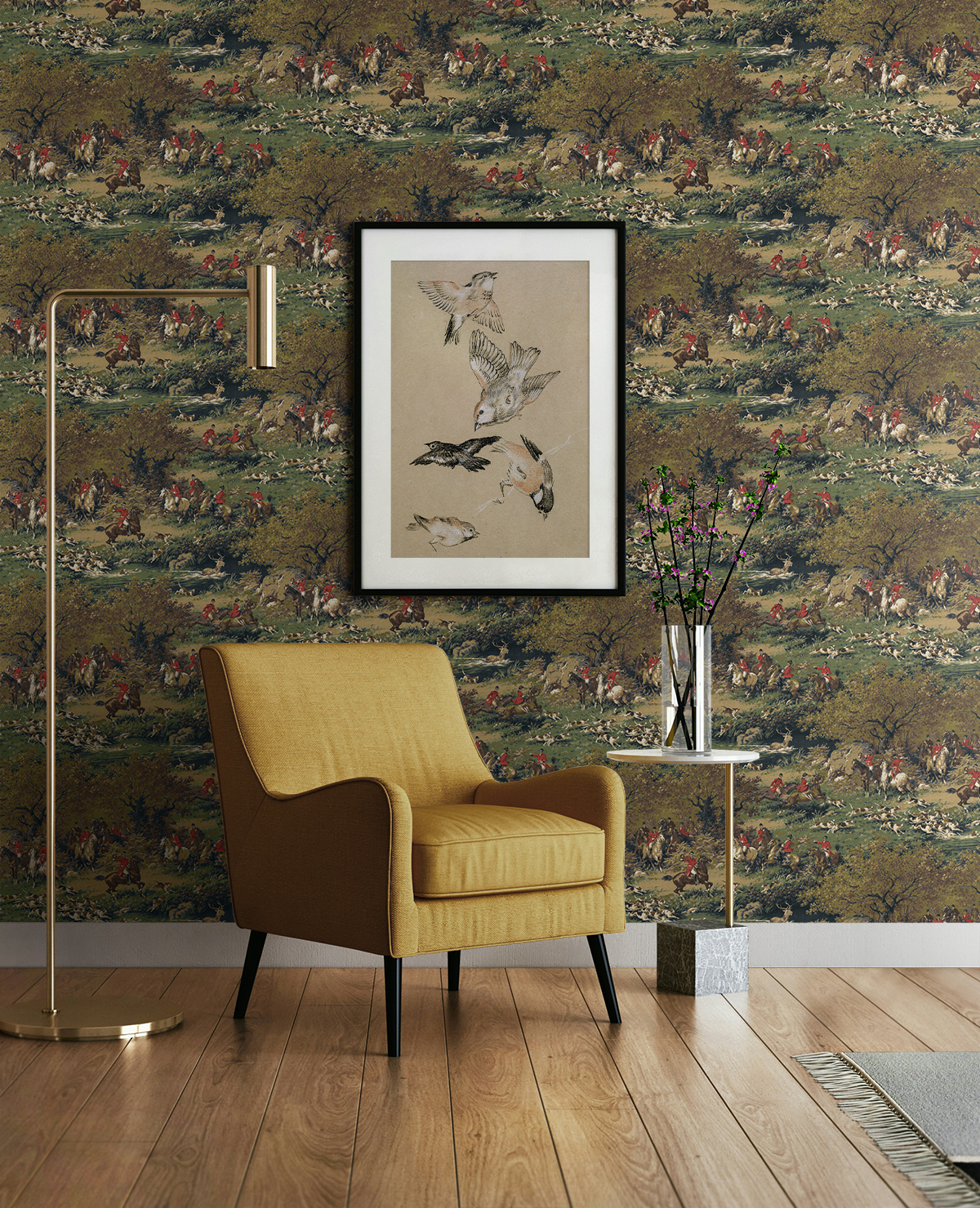 Harry & Grace Olive & Midnight Taunton Hunt Scene Premium Matte Non-Woven Peel and Stick Wallpaper - 20.5 in. W x 18 ft. L Roll