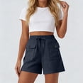 thumbnail image 4 of Guieoi Shorts for Women Plus Size Solid-Color Drawstring Pleated Button-Front Cotton-Linen Pocket Casual Capri Pants Navy 0 M, 4 of 6