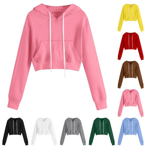 WHEANG Trendy Hoodies for Women Solid Color Cropped Hoodie With Drawstring Pockets Long Sleeve Waist-Length Pullover Casual Crop Hooded Sweatshirt Streetwear Outfits White M