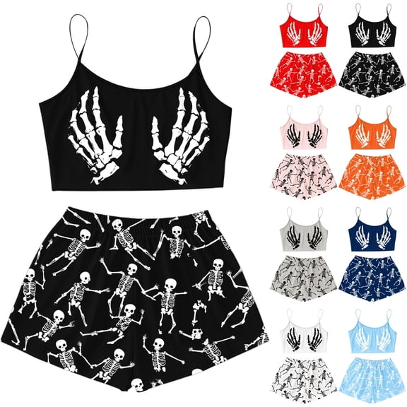 LRen Womens Halloween Pajamas Plus Size 2 Piece Cami Top Shorts Set Skeleton Print Sleeveless Sleepwear Loungewear Halloween Gifts