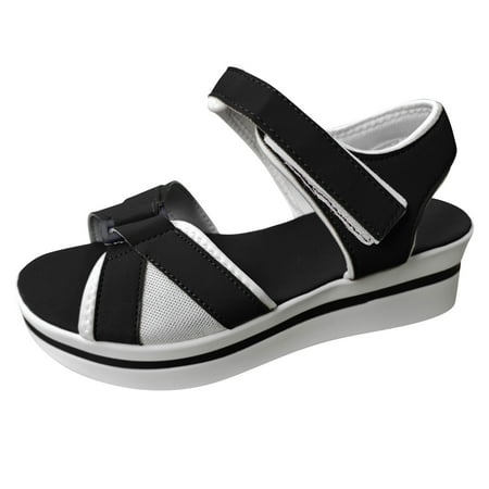 

Sandals Women Ladies Fashion Summer Color Blocking Open Toe Hook Loop Thick Wedge Heel Slippers Black Size 8.5